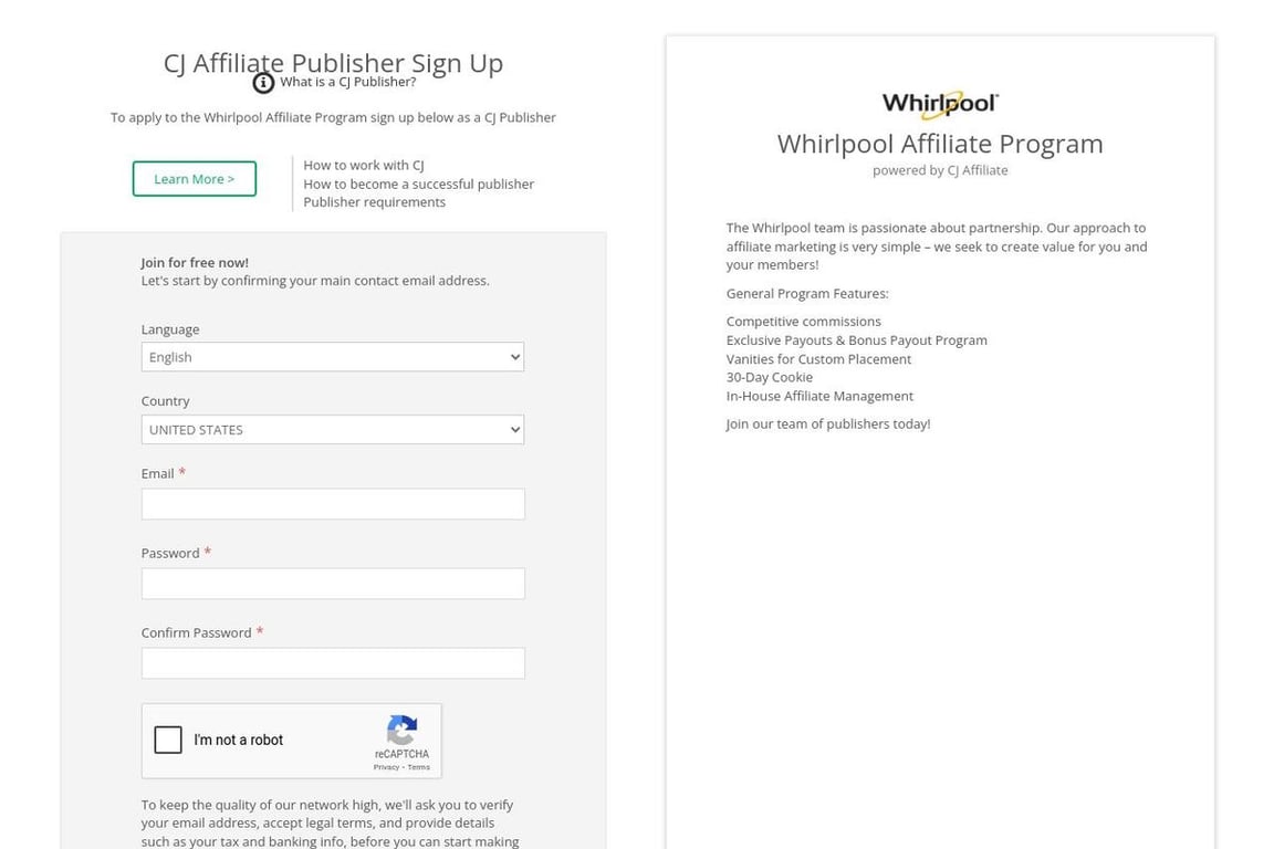 Whirlpool affiliate program signup page