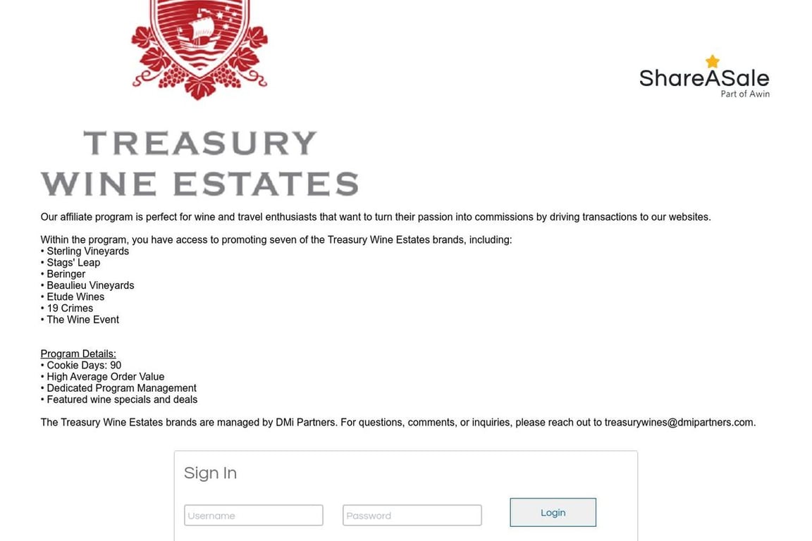 Beaulieu Vineyard affiliate program signup page
