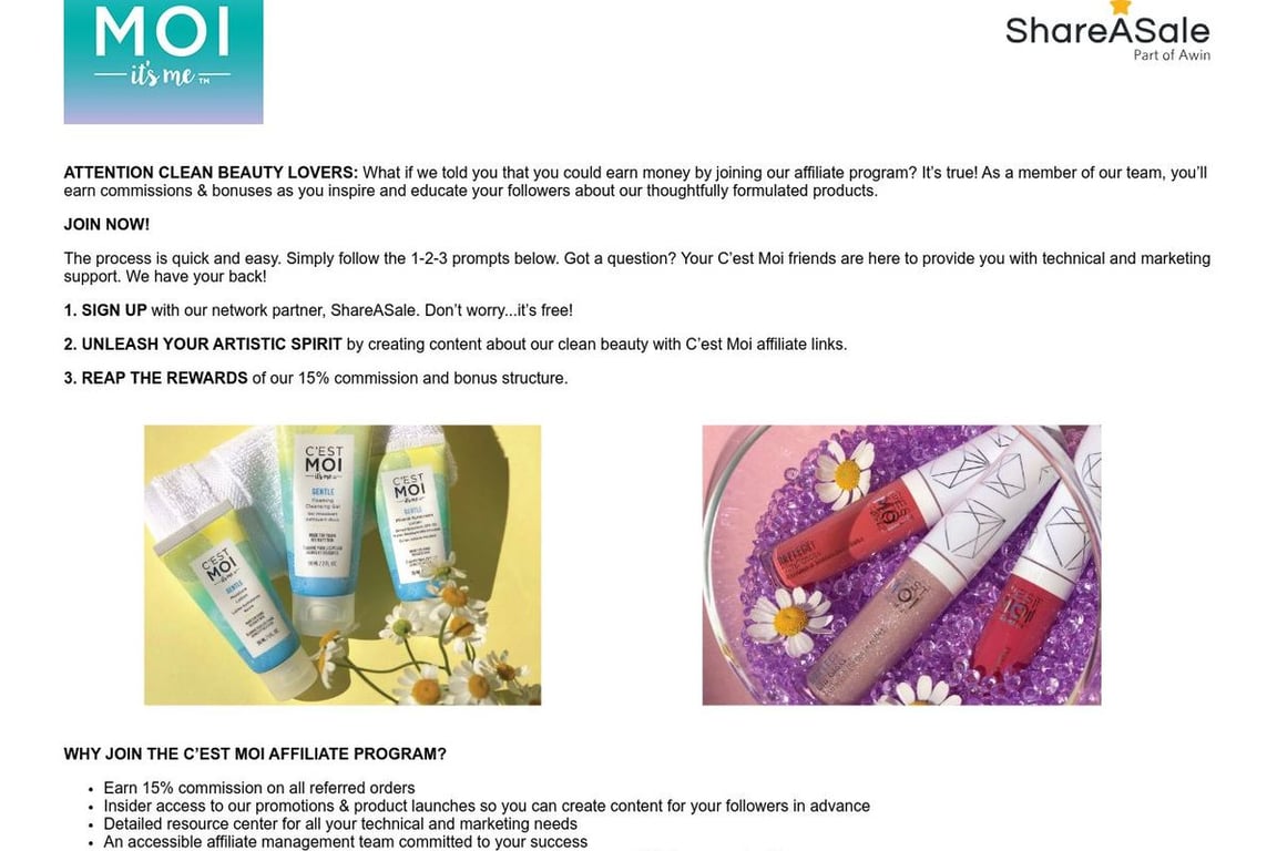 C’est Moi Beauty affiliate program signup page