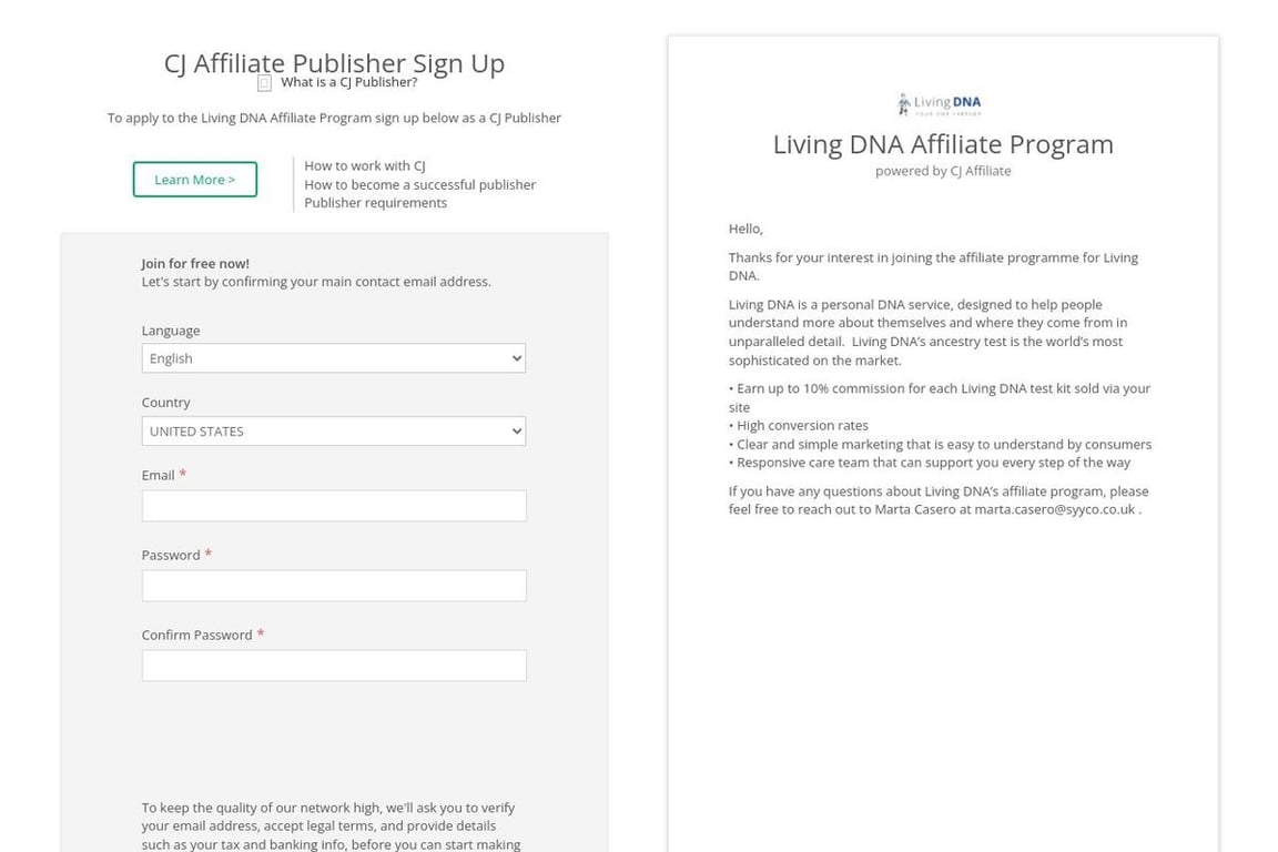 Living DNA affiliate program signup page