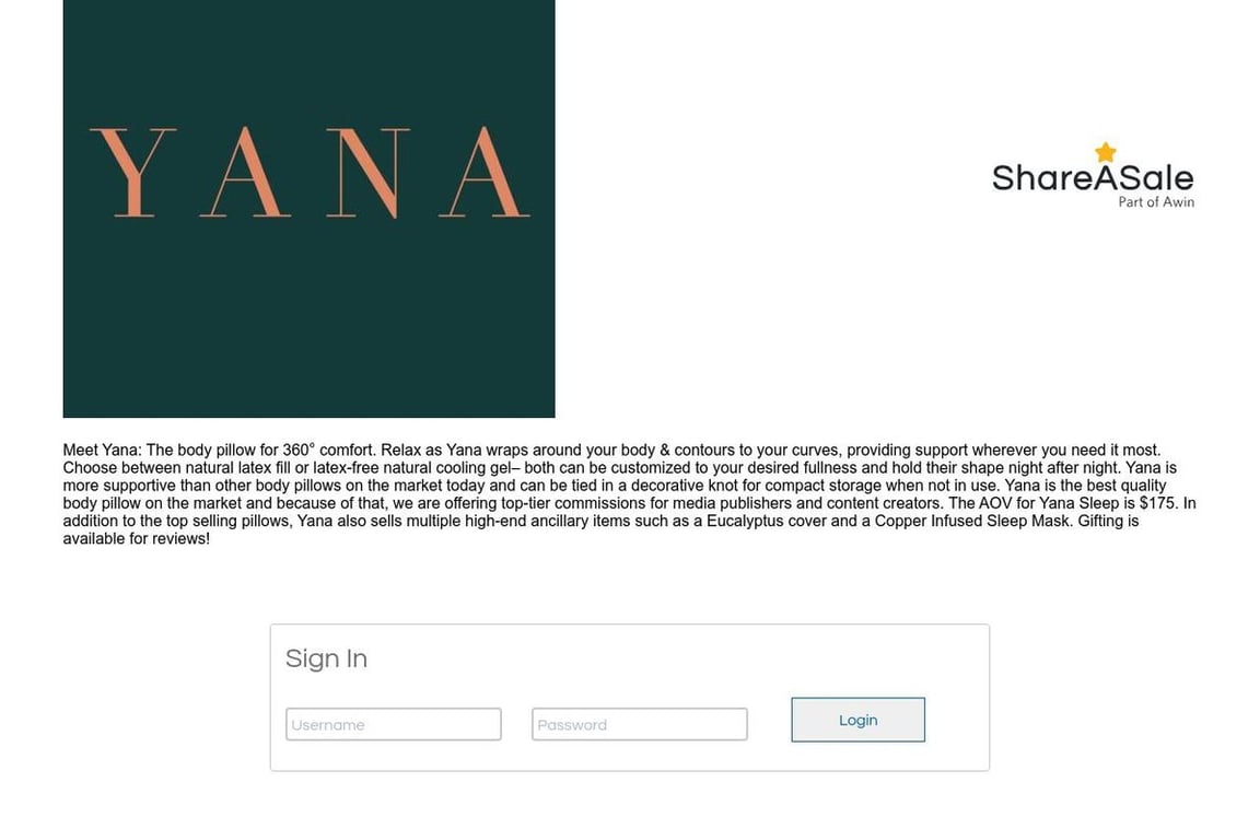 Yana Sleep affiliate program signup page