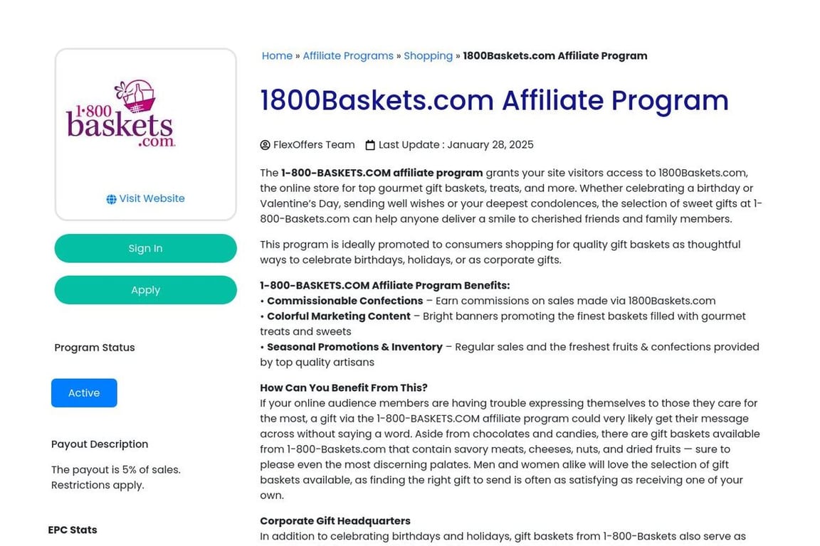 1-800Baskets.com affiliate program signup page