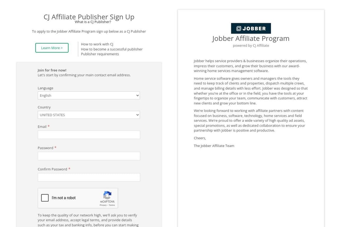 Jobber affiliate program signup page