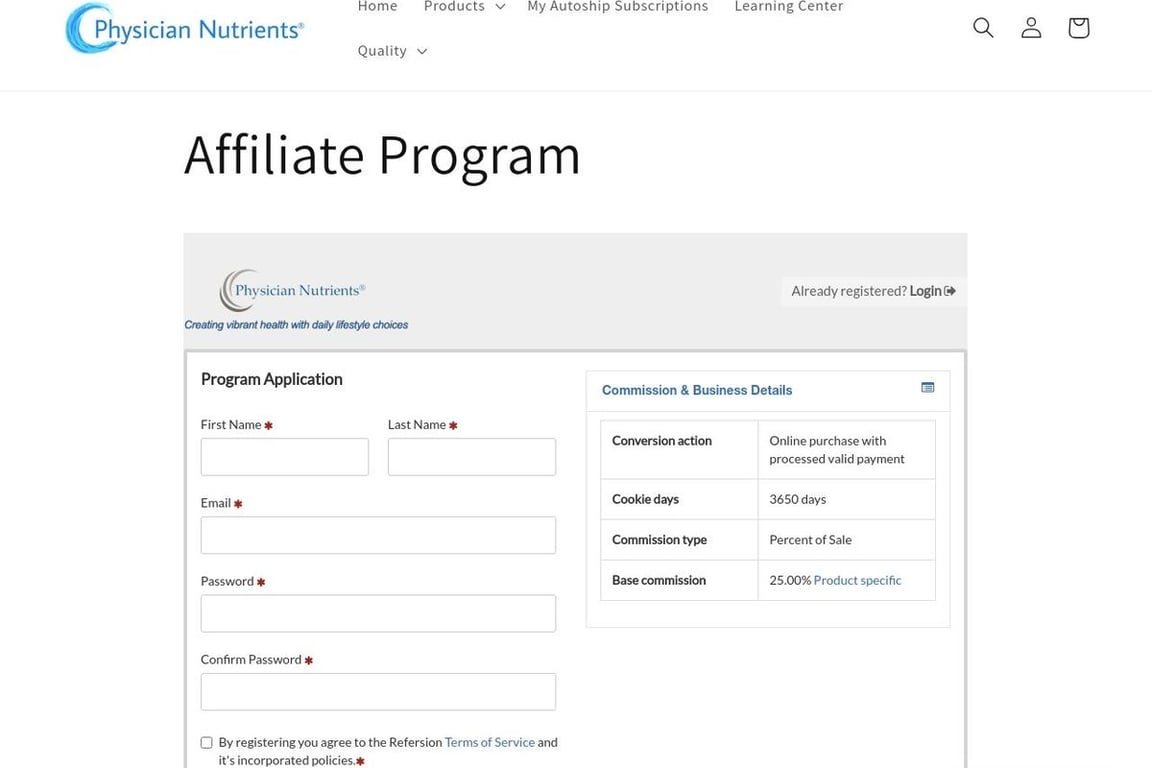 Physician Nutrients affiliate program signup page