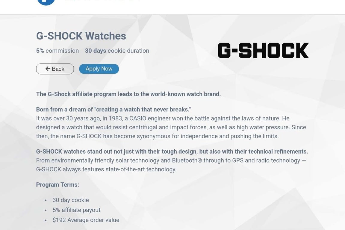 G-Shock affiliate program signup page
