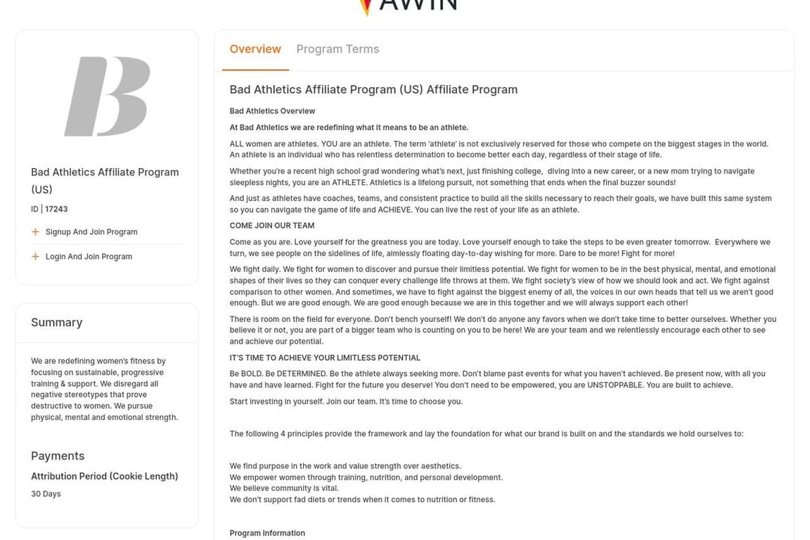 Bad Athletics affiliate program signup page