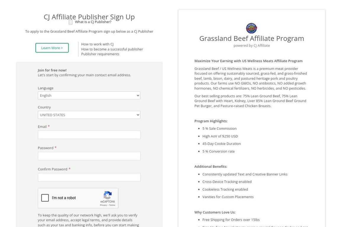 Grassland Beef affiliate program signup page