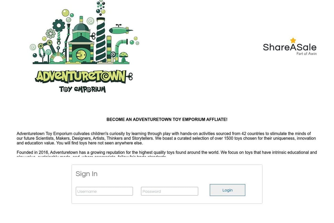 Adventuretown Toy Emporium affiliate program signup page