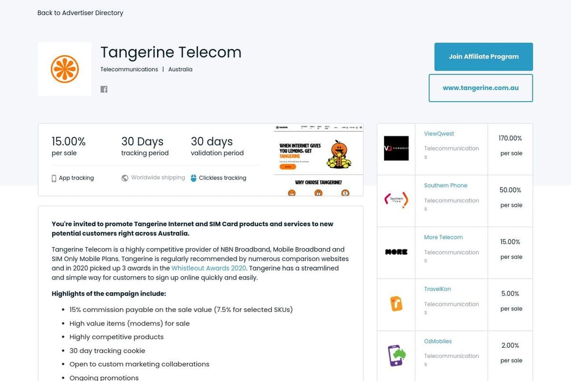 Tangerine Telecom affiliate program signup page