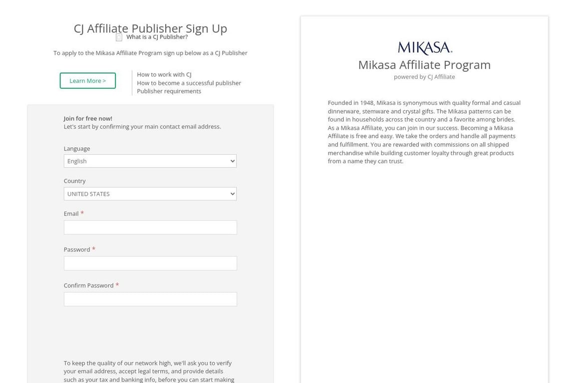 Mikasa affiliate program signup page