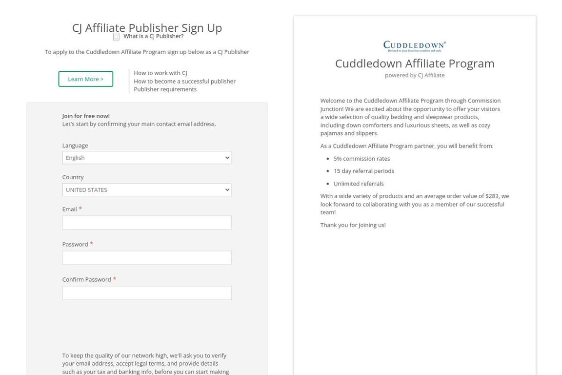 Cuddledown affiliate program signup page
