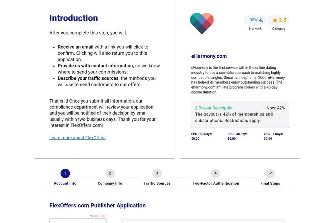 EHarmony.com affiliate program signup page