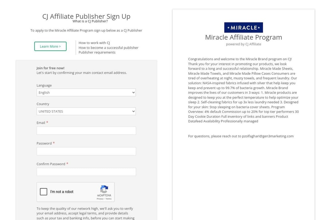 Miracle affiliate program signup page