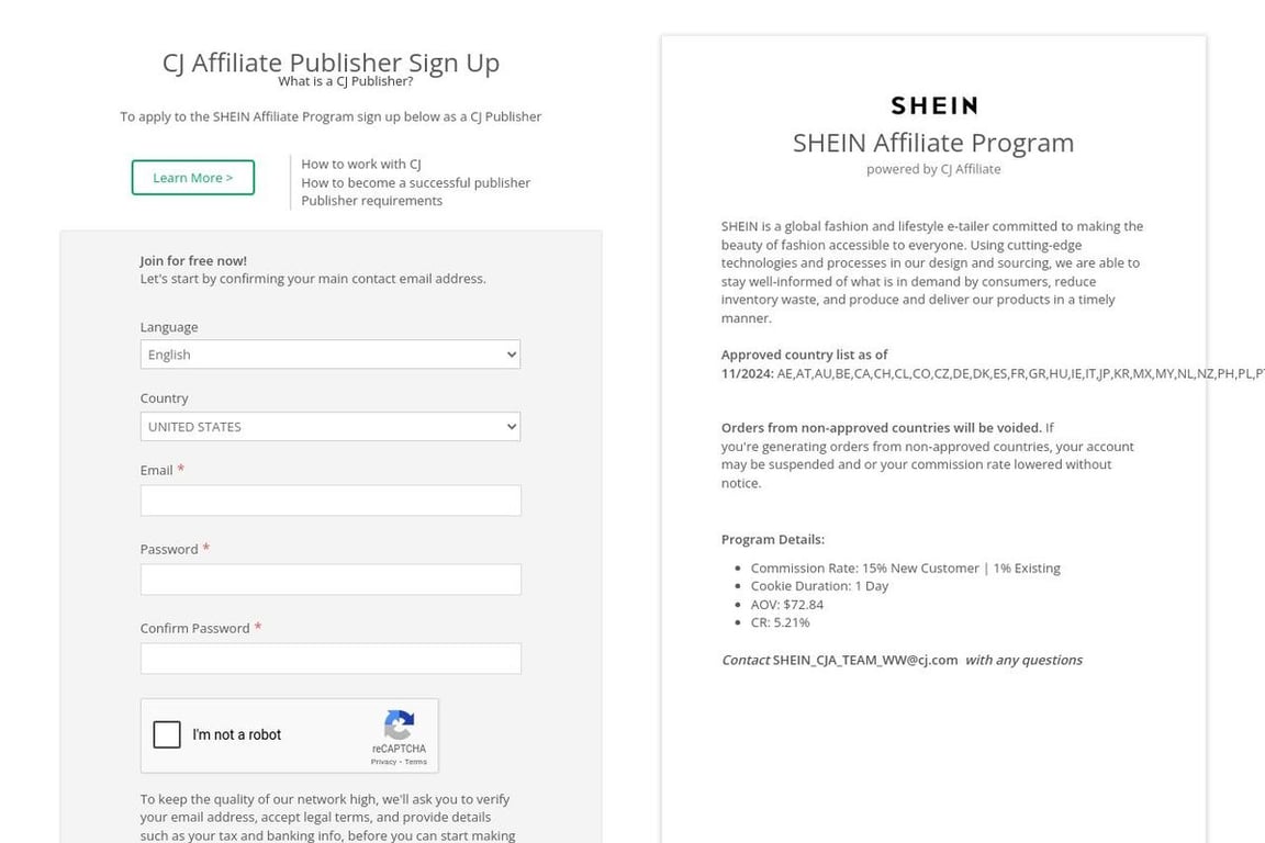 Shein affiliate program signup page