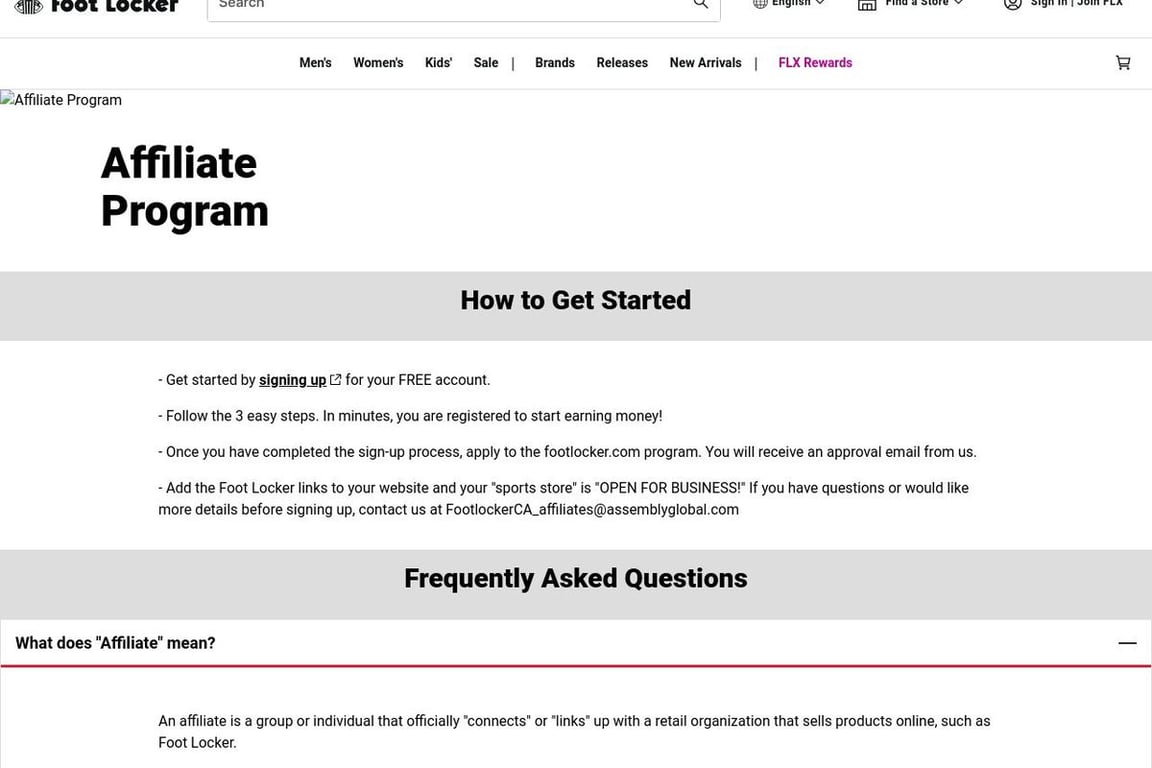 Foot Locker CA affiliate program signup page