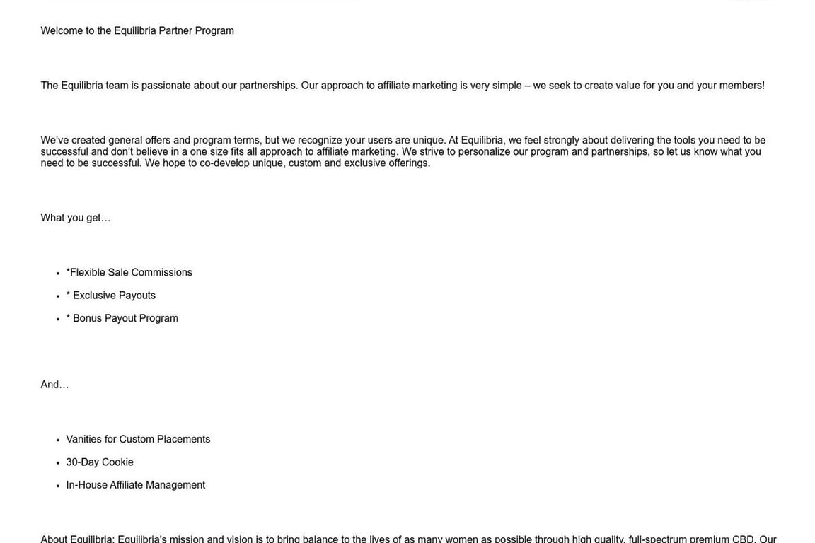 Equilibria Inc. affiliate program signup page