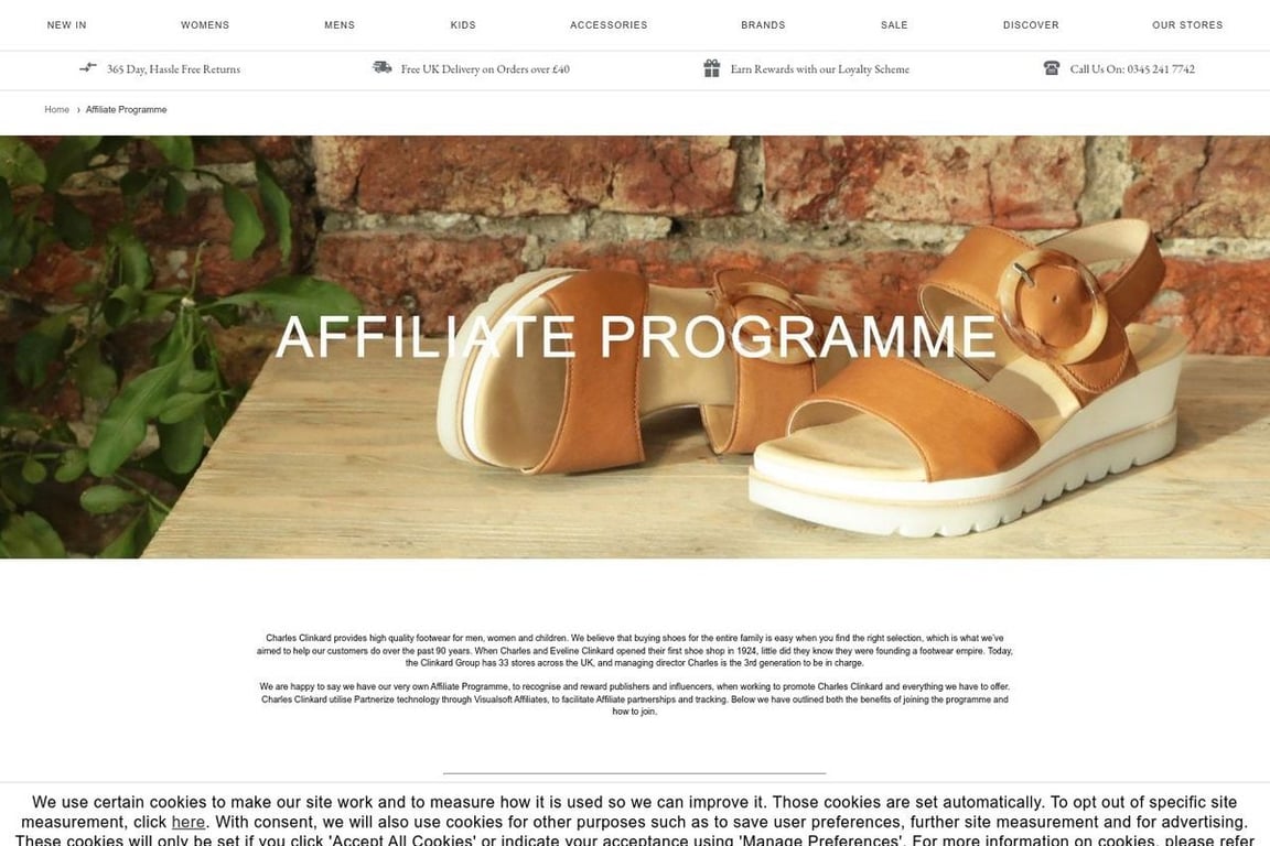 Charles Clinkard affiliate program signup page