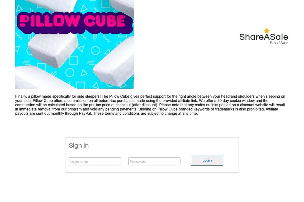 Pillow Cube affiliate program signup page