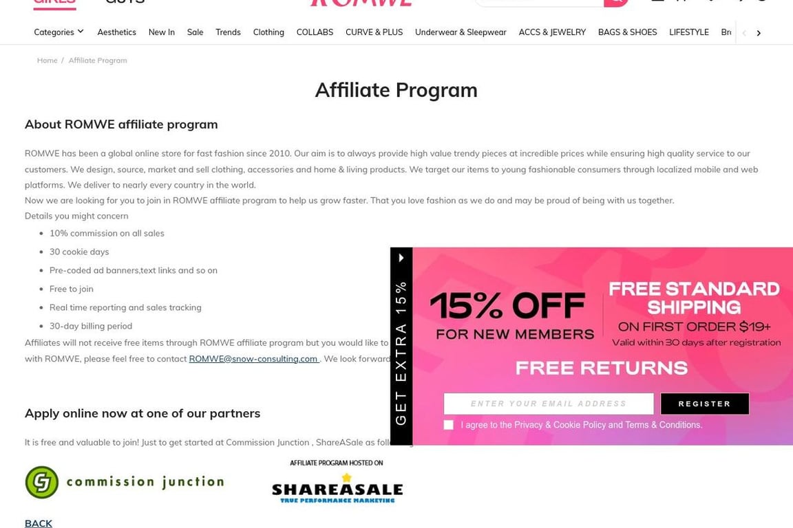 ROMWE affiliate program signup page