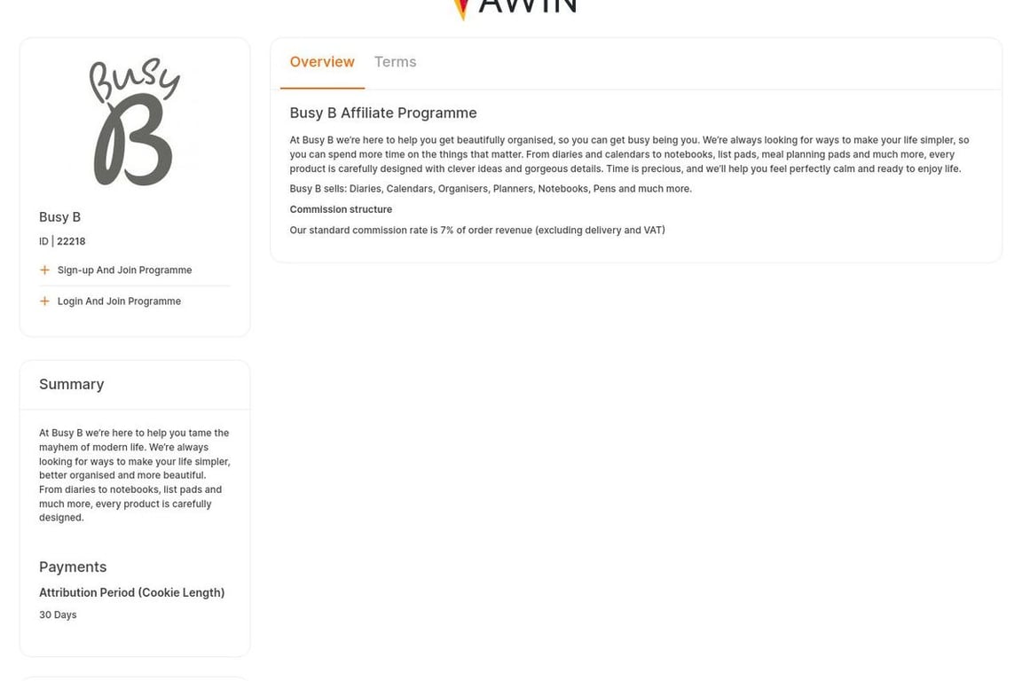 Busy B affiliate program signup page