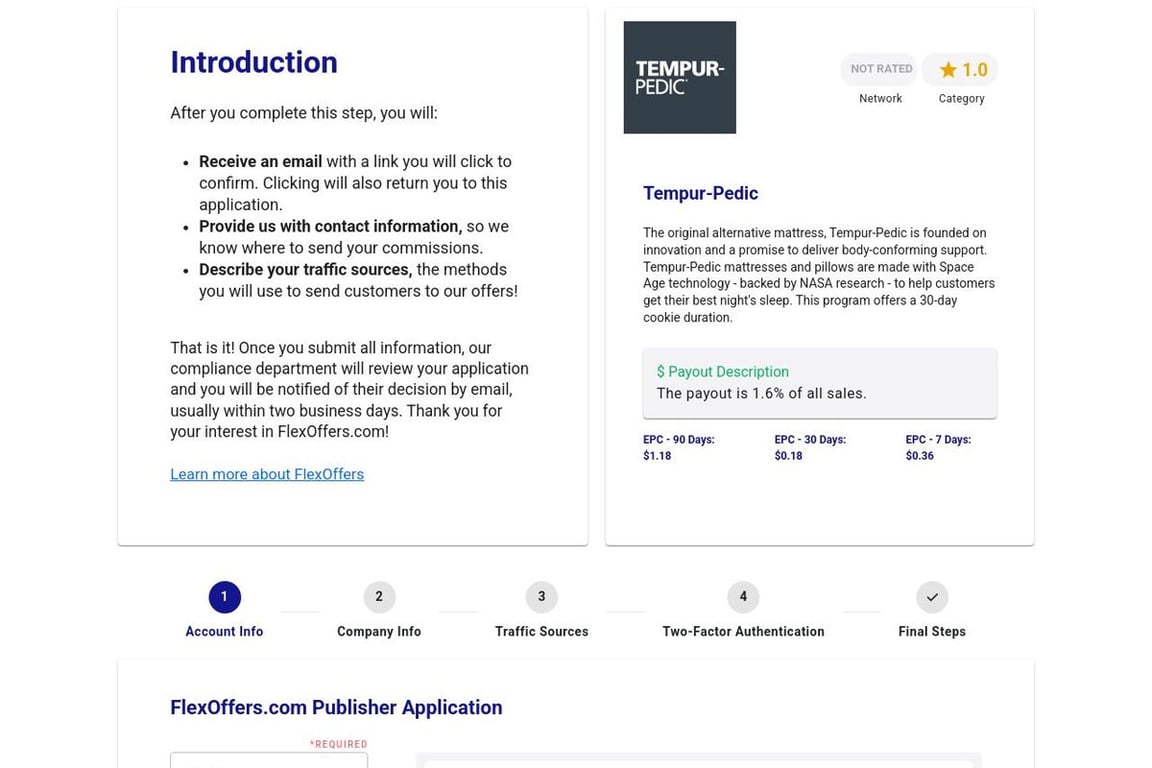 Tempur-Pedic affiliate program signup page