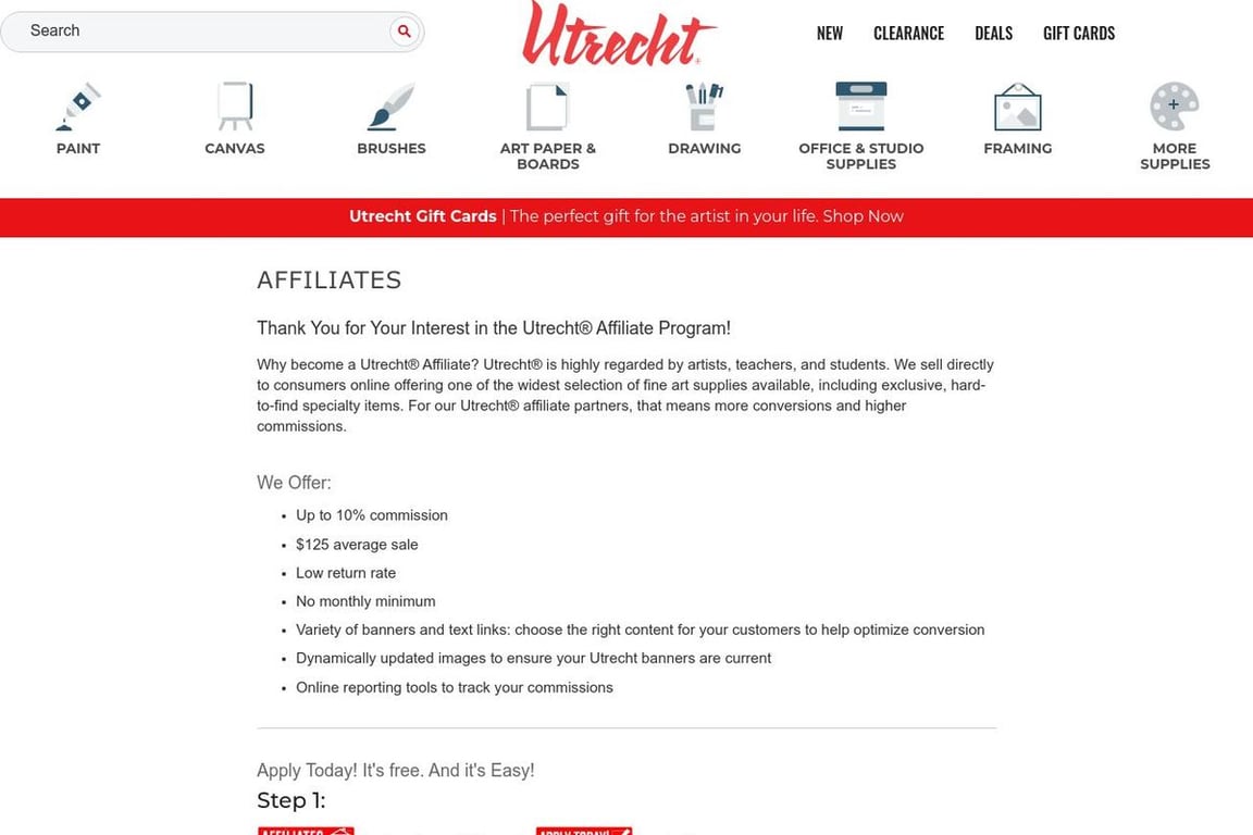 Utrecht affiliate program signup page