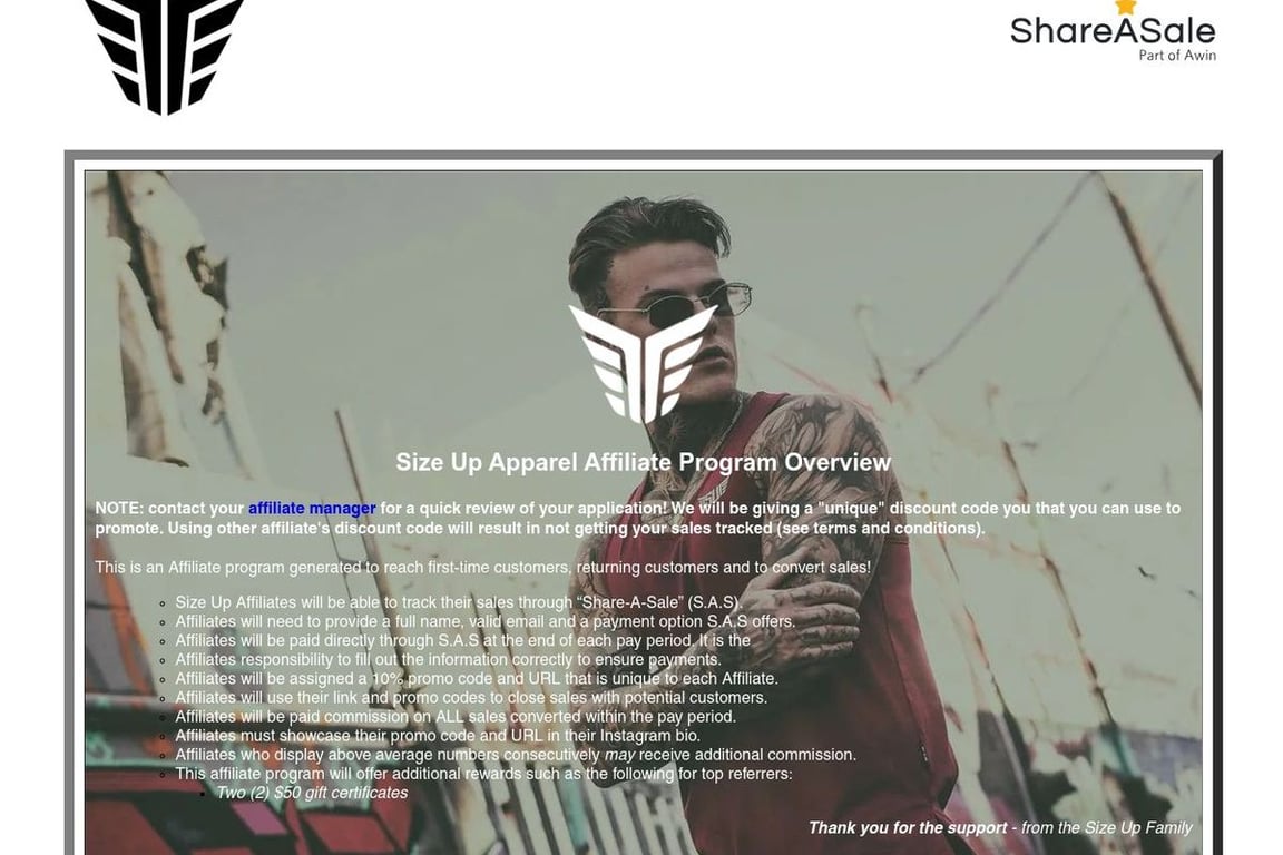 Size Up Apparel affiliate program signup page
