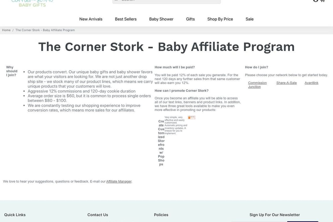 Corner Stork Baby Gifts affiliate program signup page