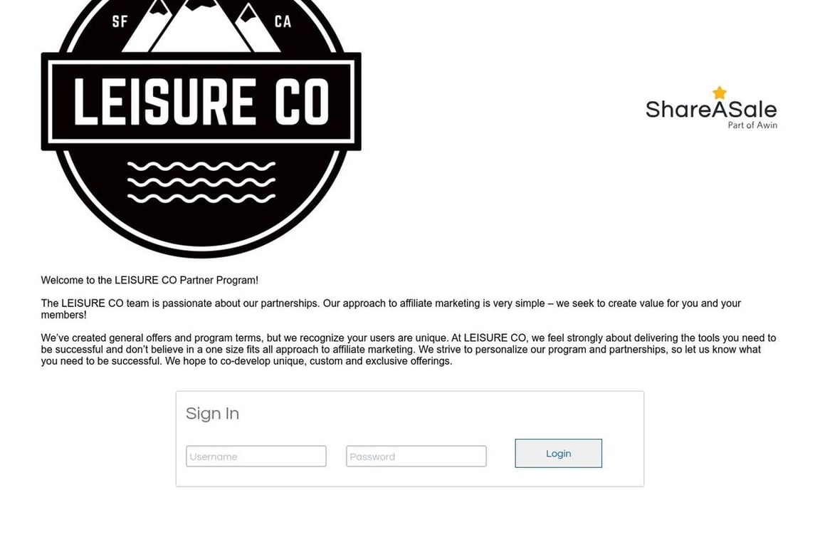Leisure Co affiliate program signup page