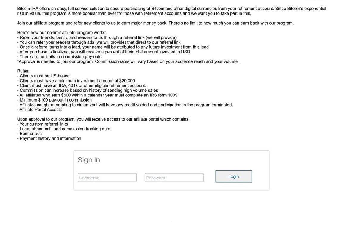 Bitcoin IRA affiliate program signup page