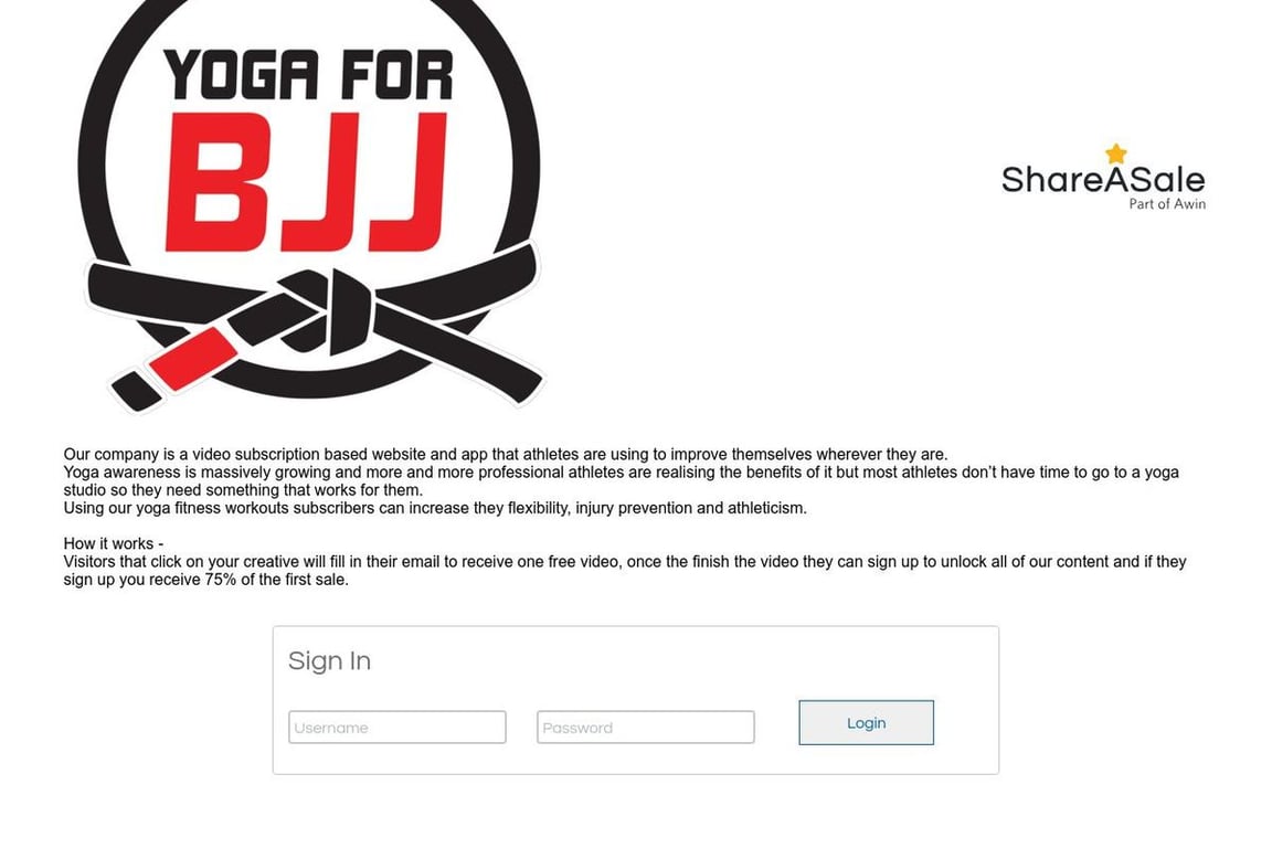 Yoga for BJJ affiliate program signup page