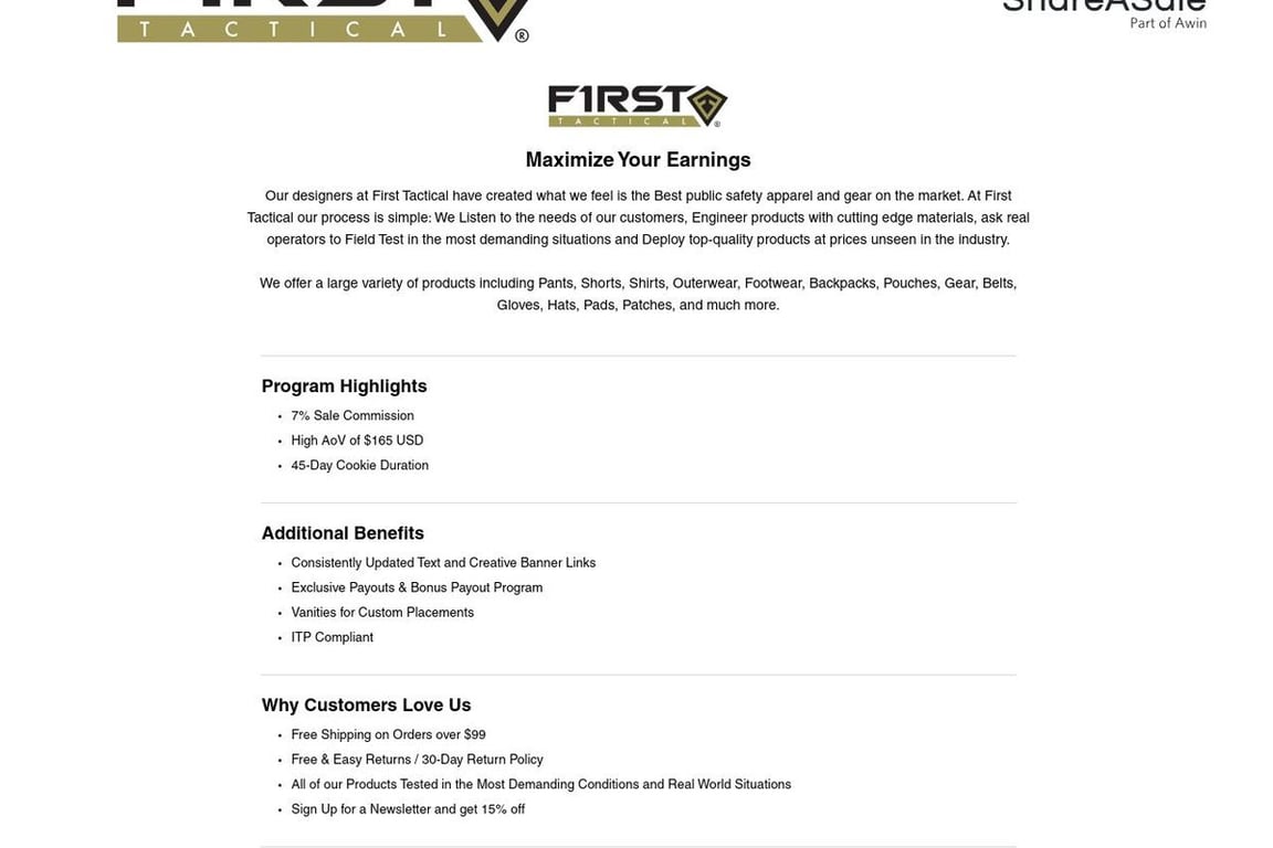 First Tactical affiliate program signup page