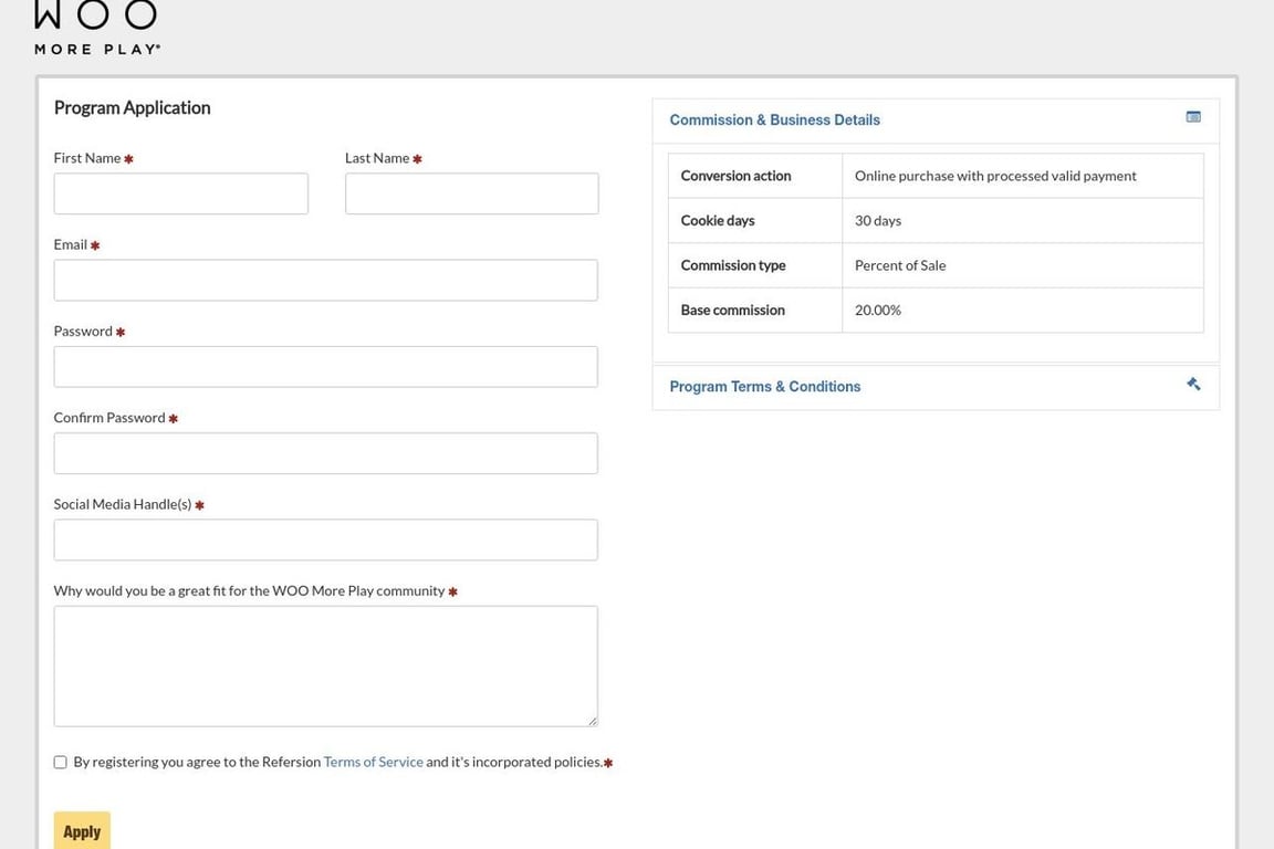 WOO More Play affiliate program signup page