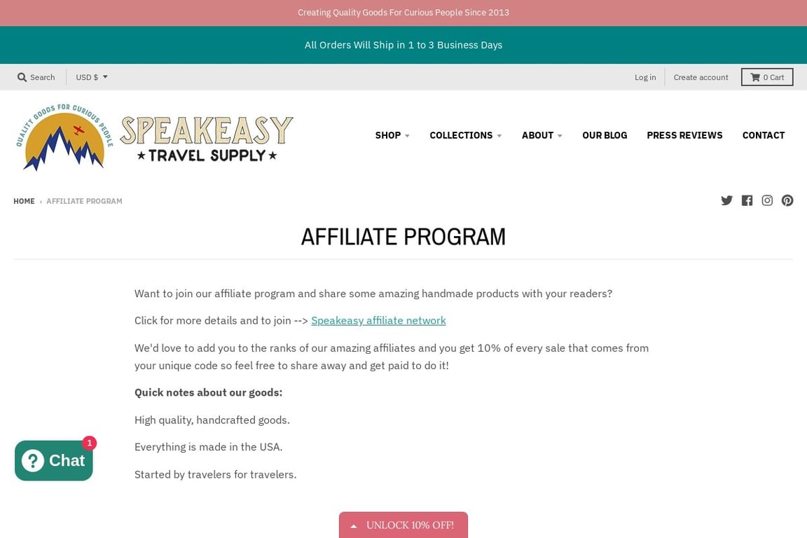 Speakeasy Travel Supply affiliate program signup page