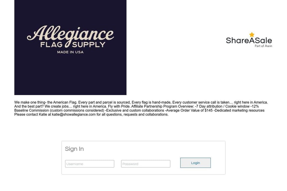 Allegiance Flag Supply affiliate program signup page