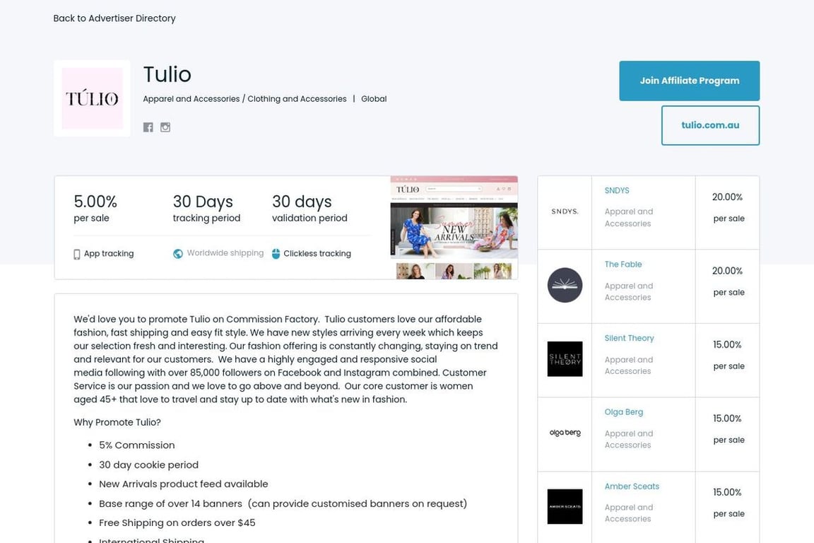 Tulio affiliate program signup page