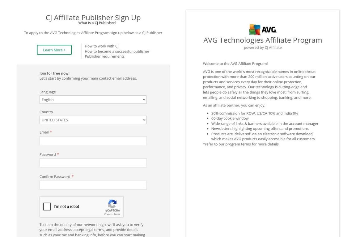 AVG Technologies affiliate program signup page