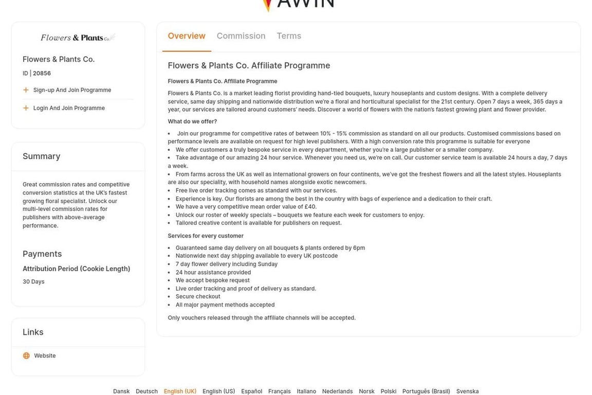 Flowers & Plants Co. affiliate program signup page