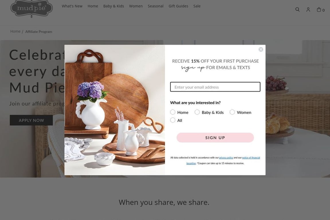 Mud Pie affiliate program signup page