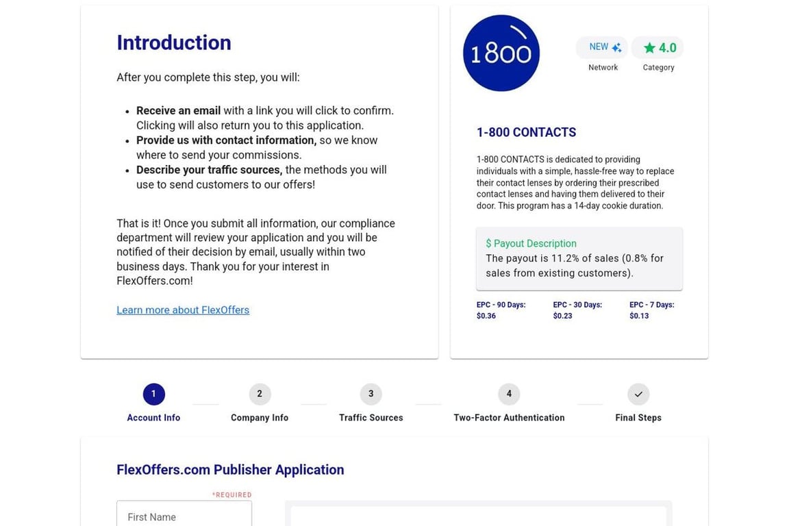 1-800 CONTACTS affiliate program signup page