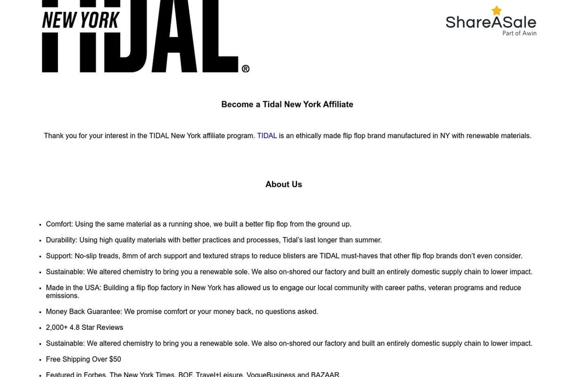 TIDAL New York affiliate program signup page