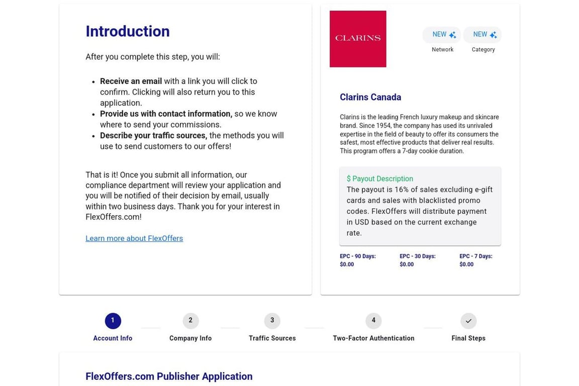 Clarins Canada affiliate program signup page
