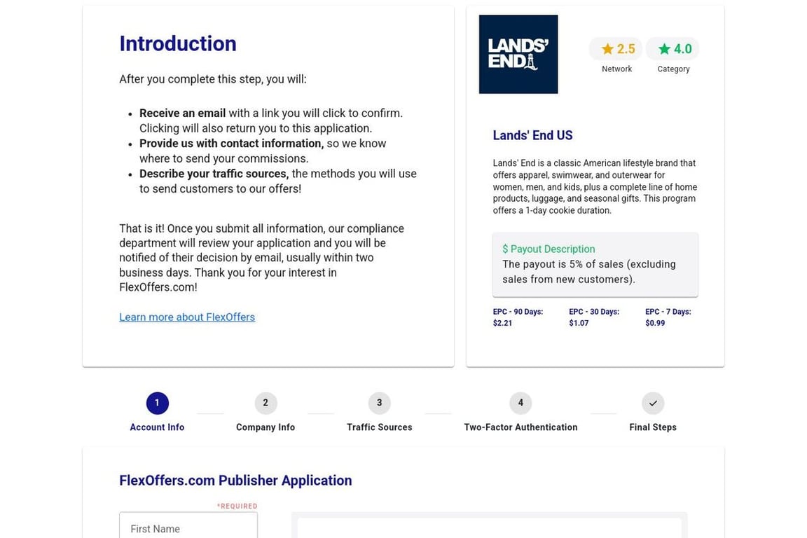 Lands’ End affiliate program signup page
