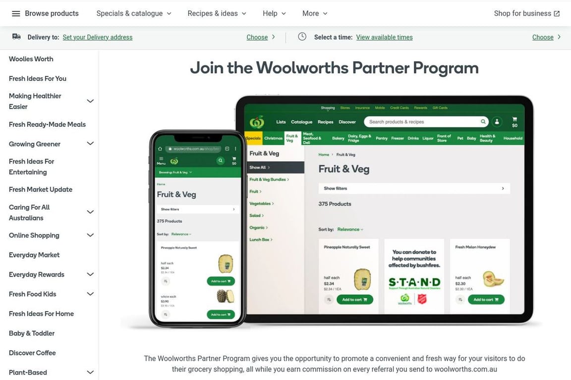 Woolworths Supermarkets affiliate program signup page