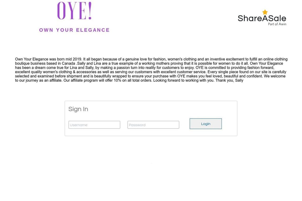 Own Your Elegance affiliate program signup page
