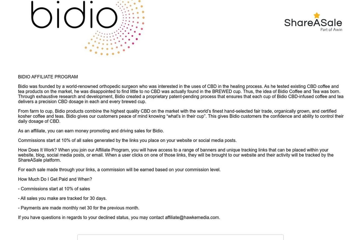 Bidio LLC affiliate program signup page