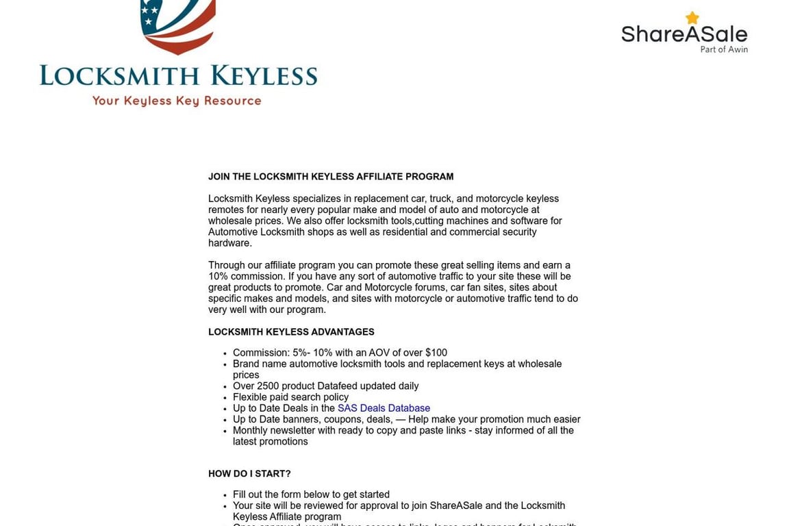 Locksmith Keyless affiliate program signup page