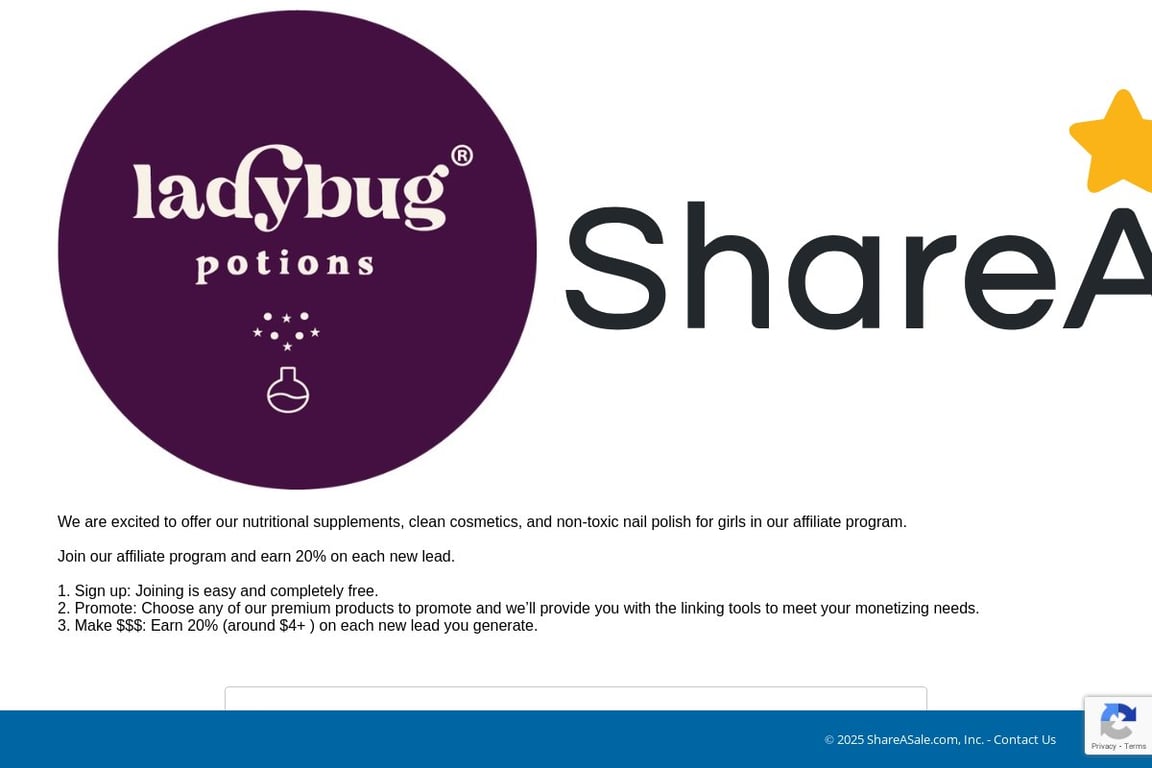 Ladybug Potions affiliate program signup page