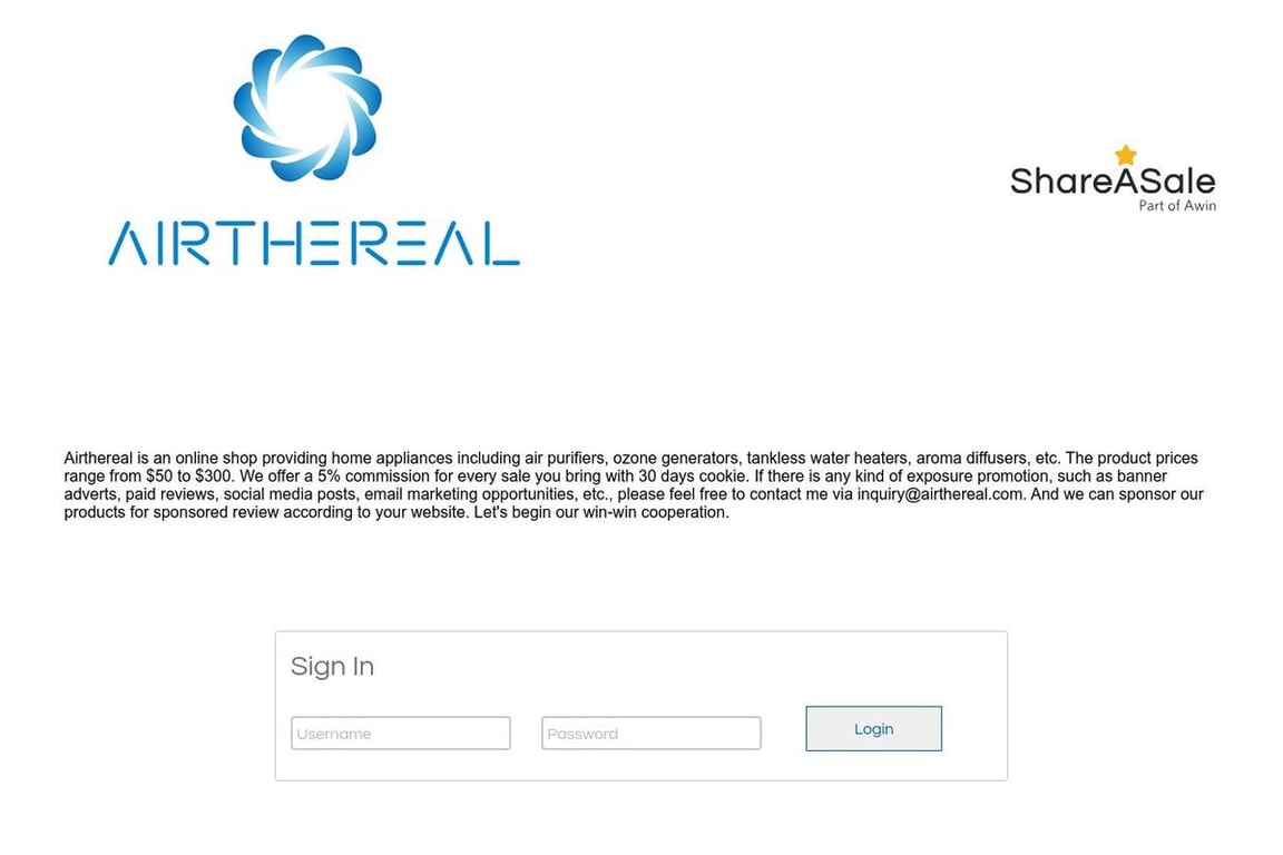 Airthereal affiliate program signup page