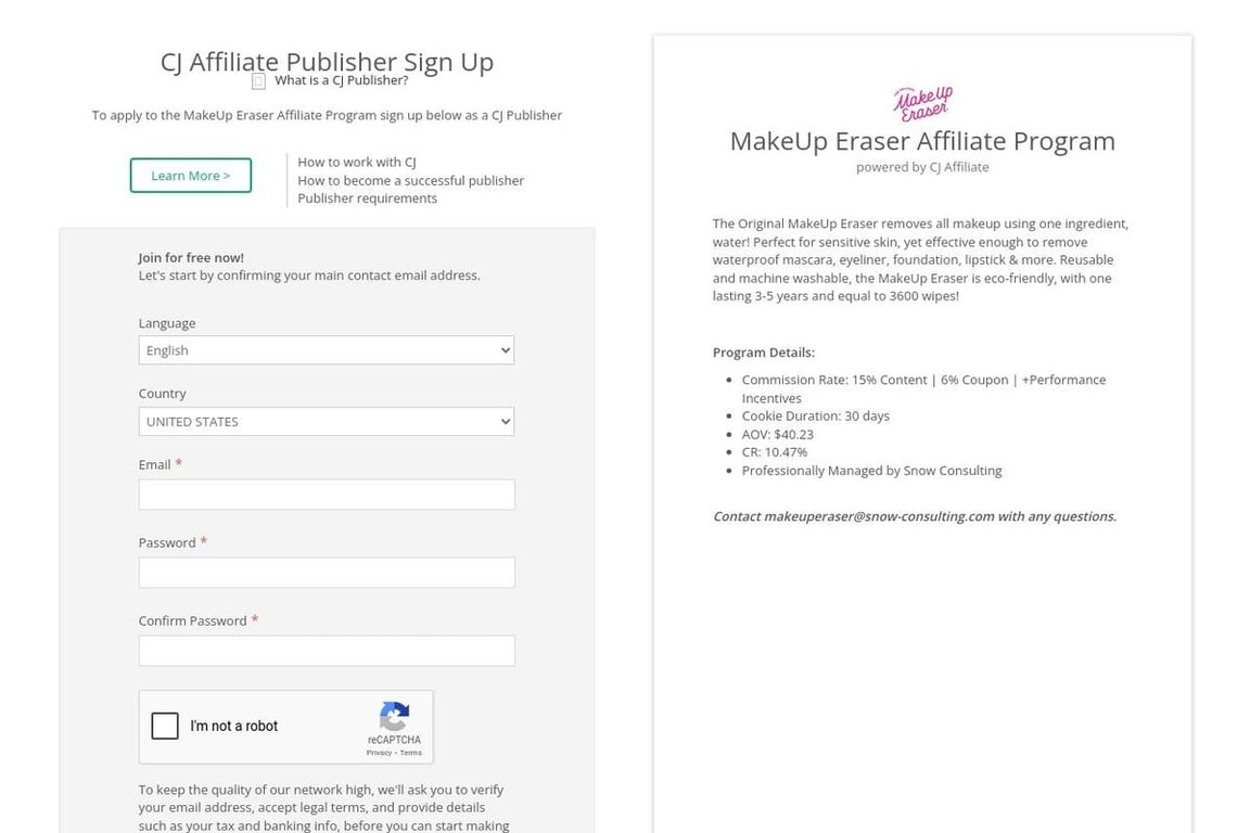Makeup Eraser Preferred affiliate program signup page
